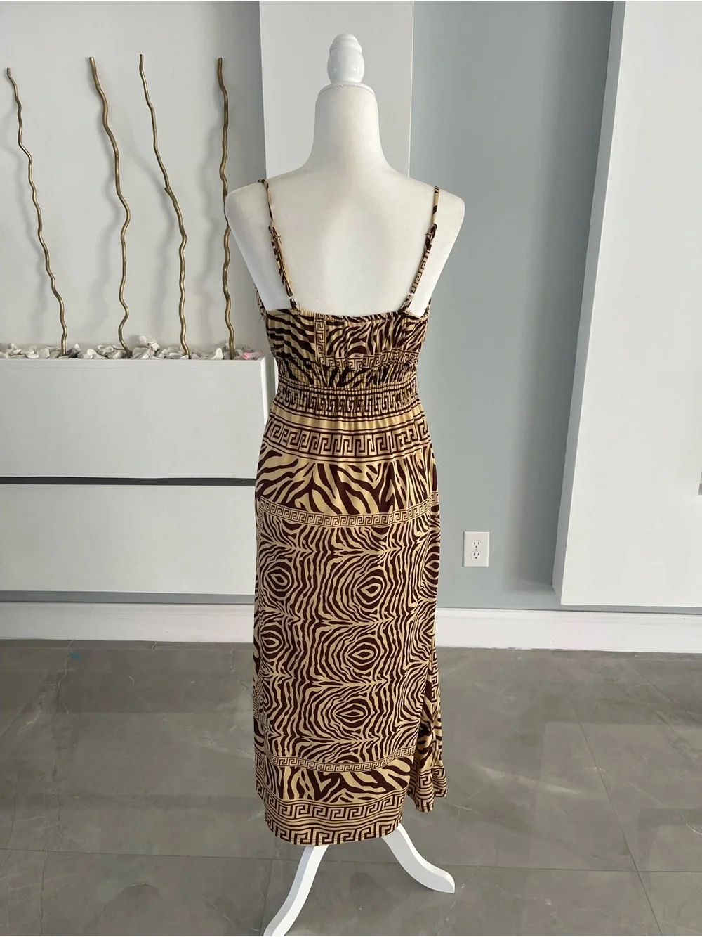 Brown Patterned Midi Dress with Spaghetti Straps